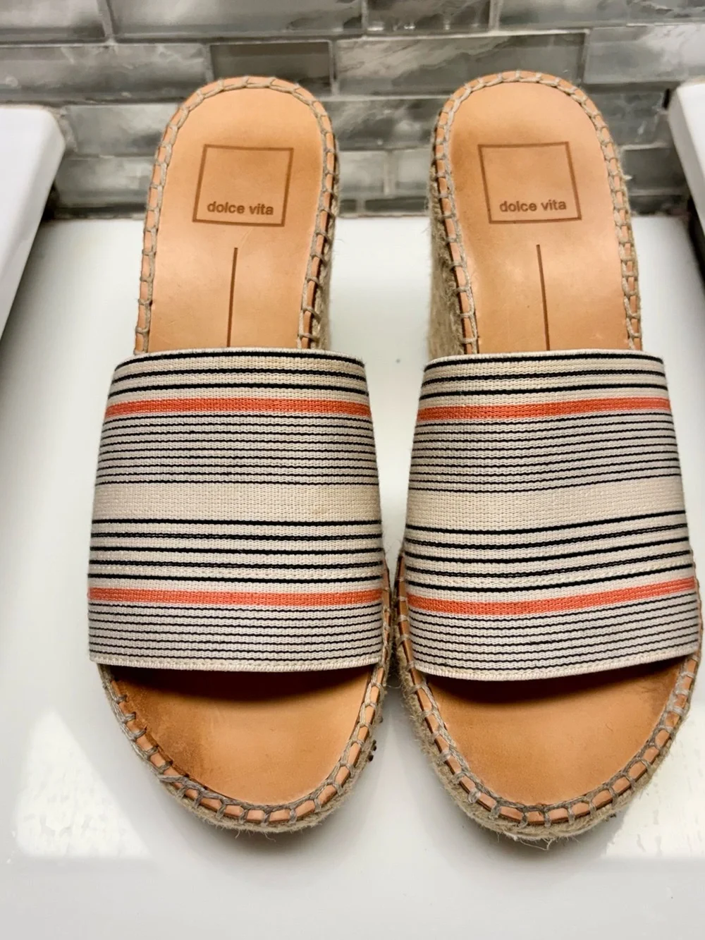 Dolce Vita Striped Canvas Espadrille Wedge Slides- Cream, Black & Coral. Size 7